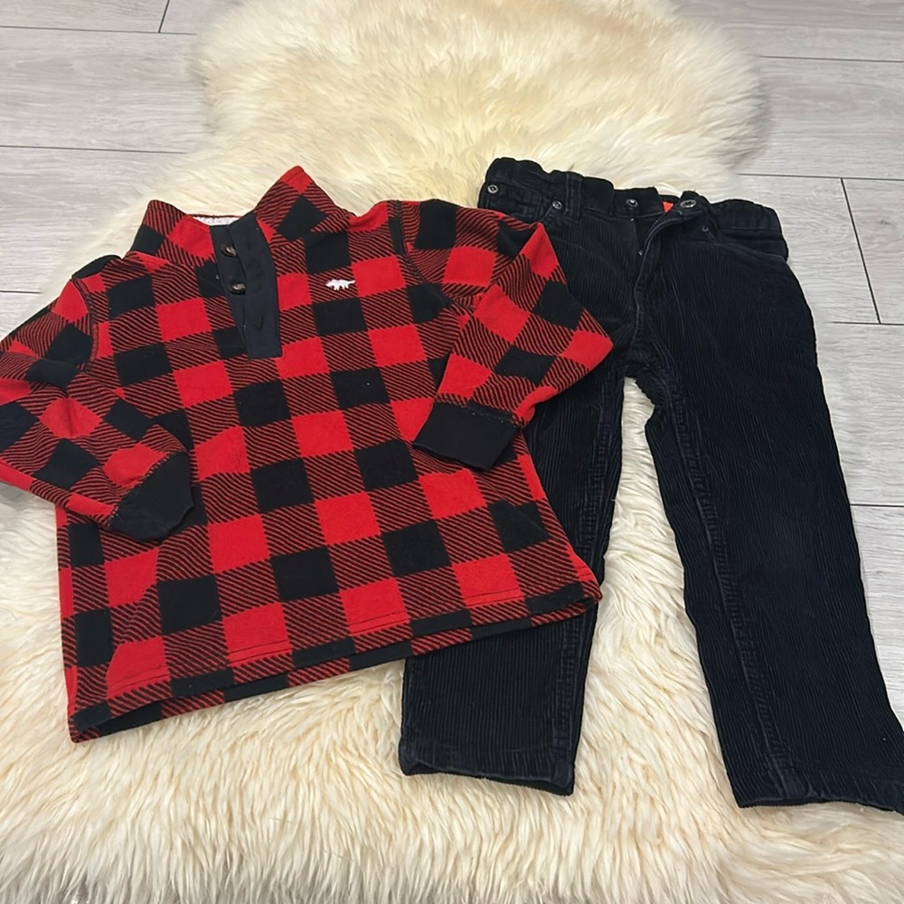 Carter’s Red Black Plaid Fleece Thermal Shirt & Joe Fresh Black Corduroy Pants